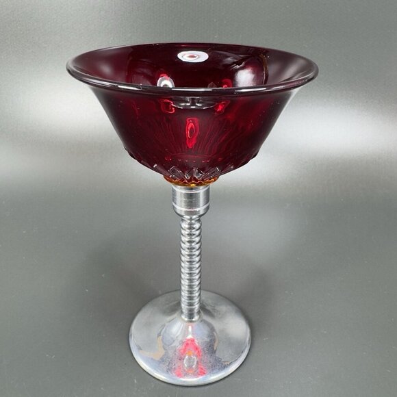 Art Deco Ruby Red Cadmium UV Glow Cocktail Glass Cups Chrome Stems Glasses Set 2 - Picture 14 of 16